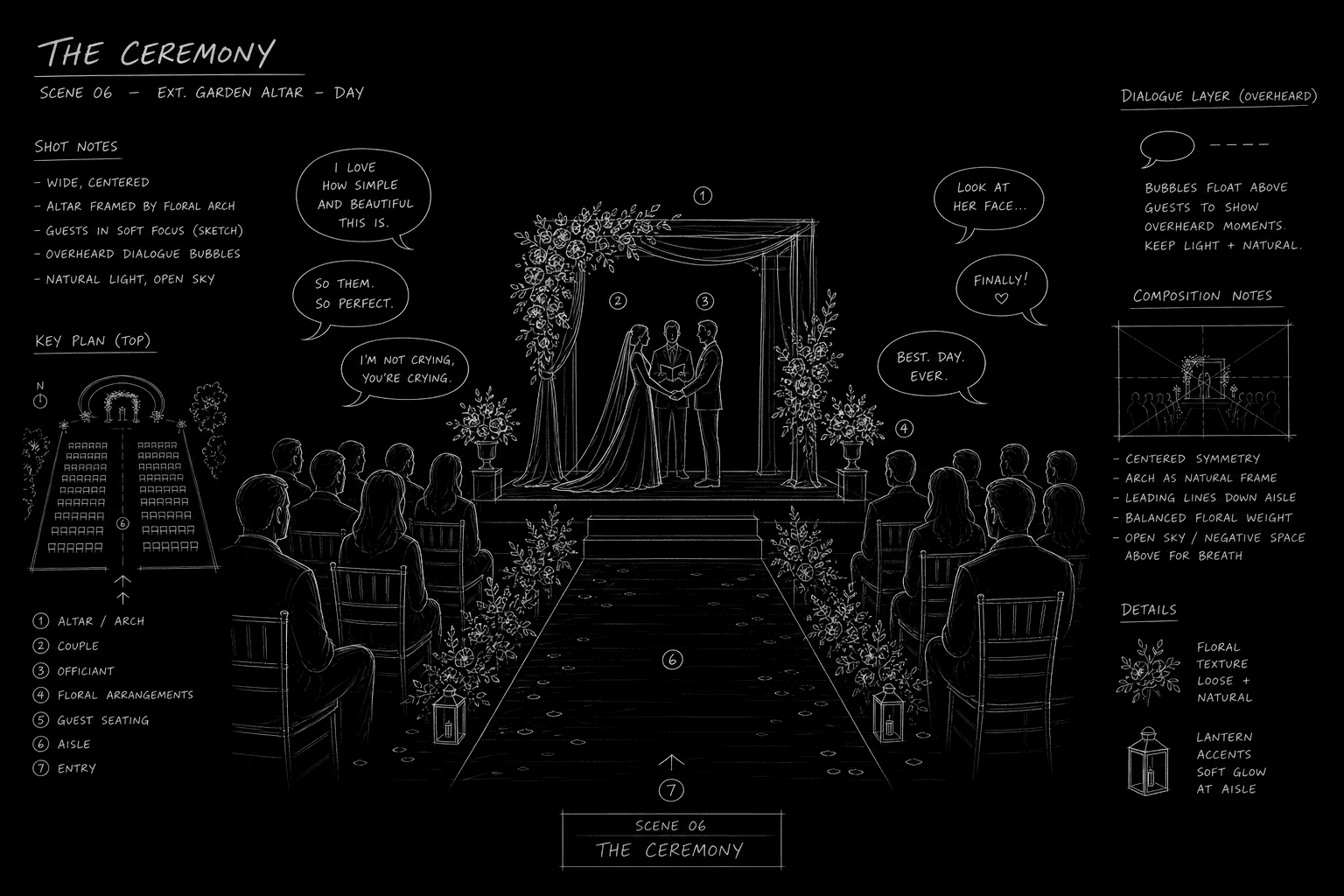 Wedding scene screenplay: altar wireframe and dialogue blocks; dark mode technical sketch, black background, thin white lines