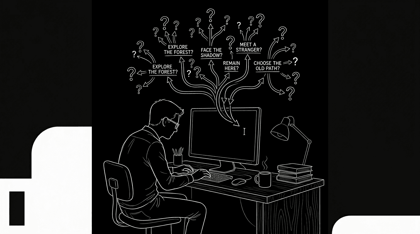 Dark mode technical sketch: writer at desk, cursor on one line, branching paths above; thin white lines on black