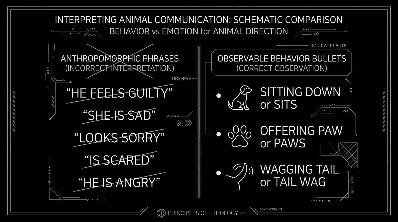 A visual showing behavior-based animal direction vs. emotion-based direction; dark mode technical sketch, thin white lines on black background
