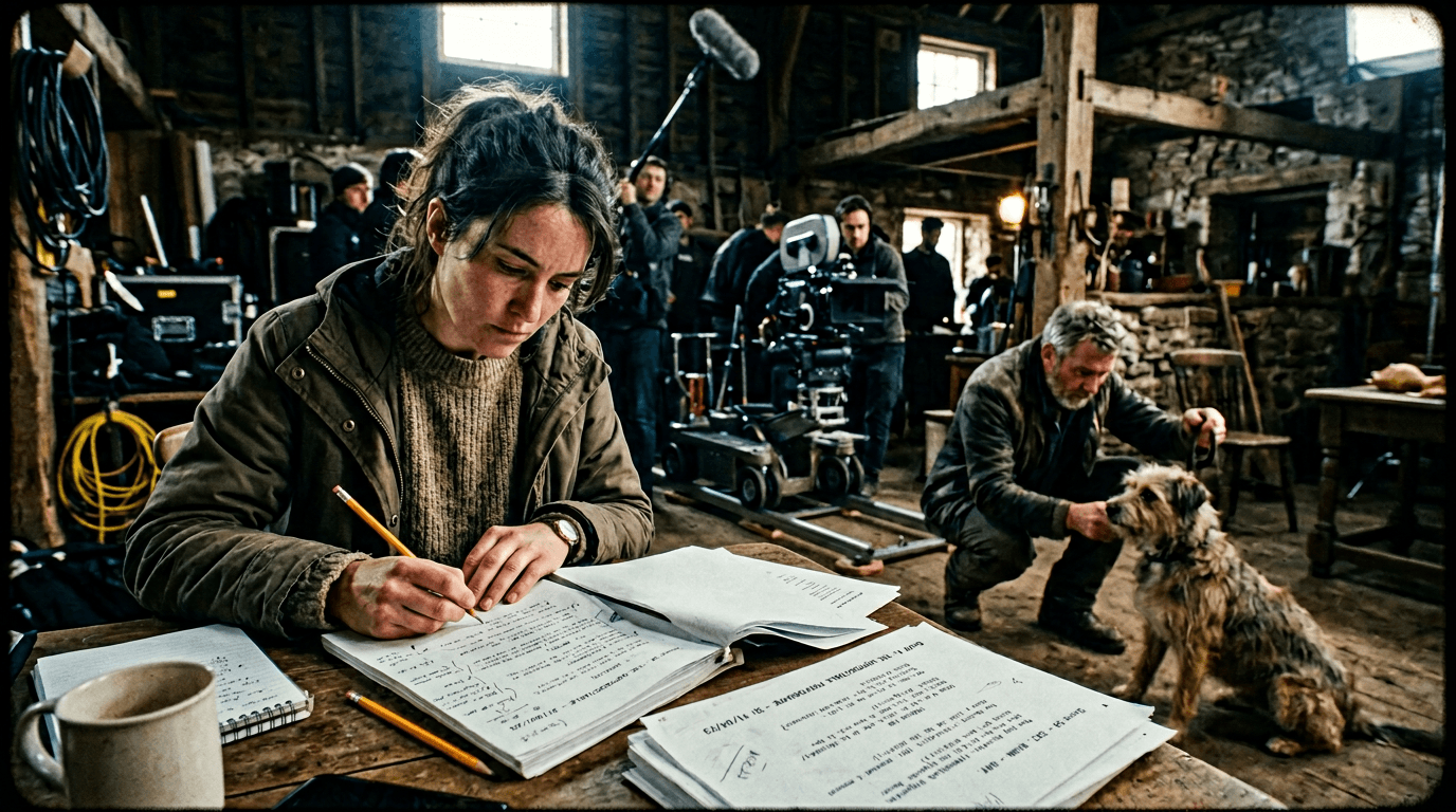 Cinematic workflow still, first angle, 35mm film grain