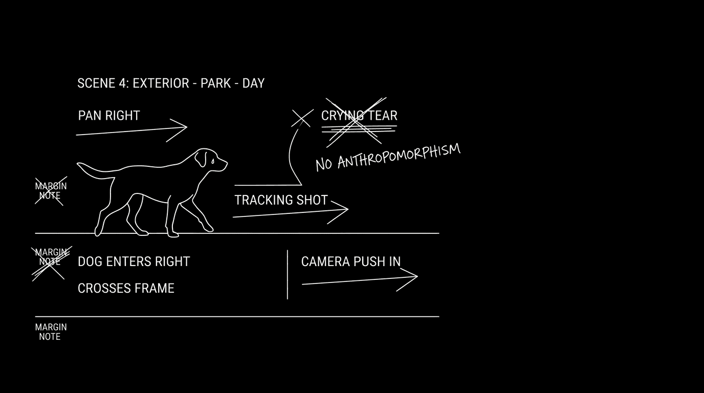 Dark mode technical sketch: script page showing animal action direction; thin white lines on black