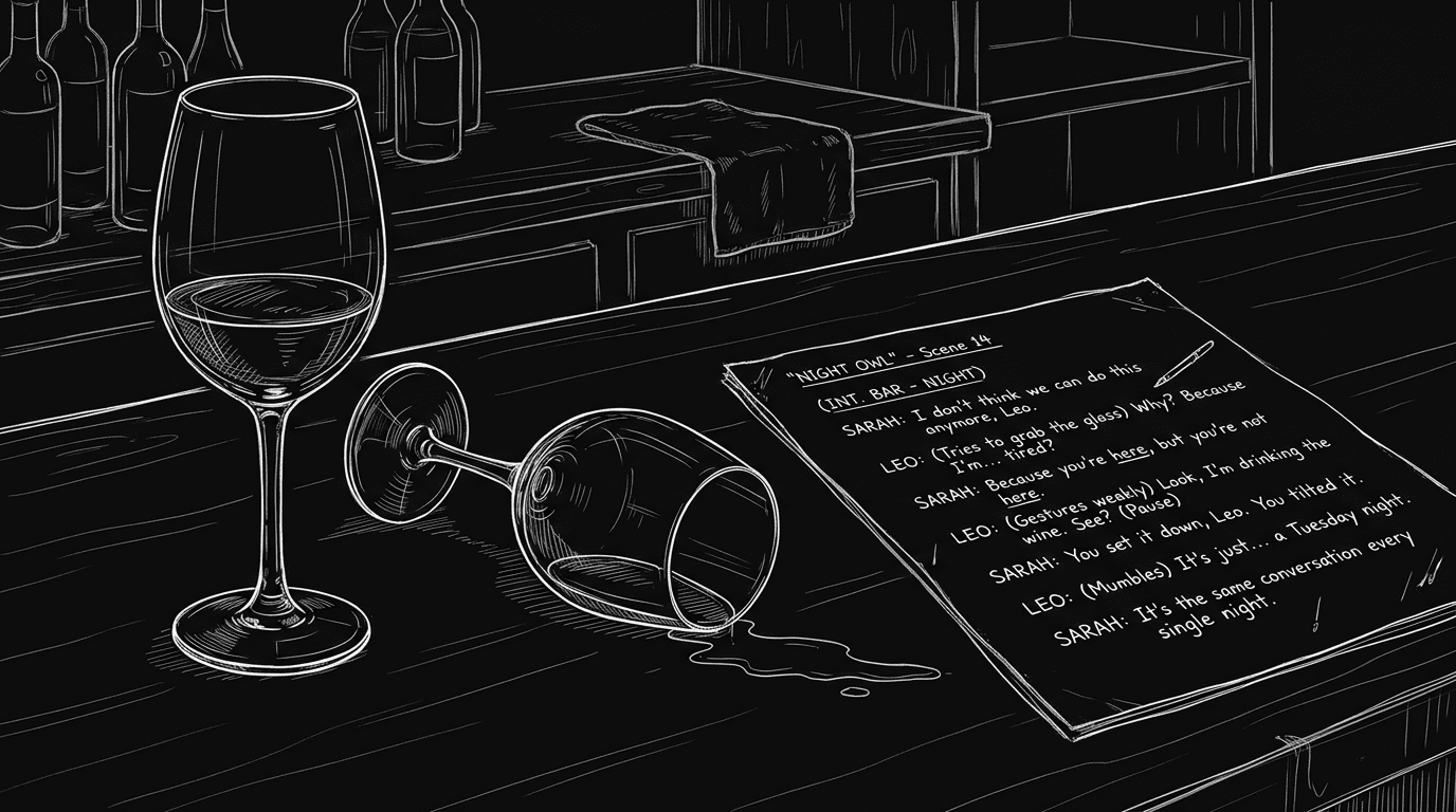 Overhead dark mode sketch of a bar table with two glasses and a script page marked with dialogue lines in thin white lines on black