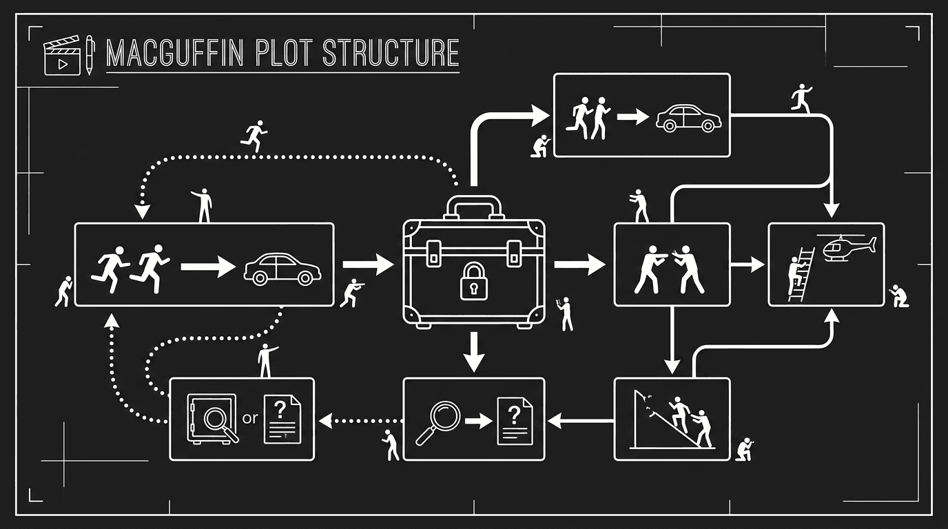 A diagram showing MacGuffin's role in plot structure; dark mode technical sketch, thin white lines on black background