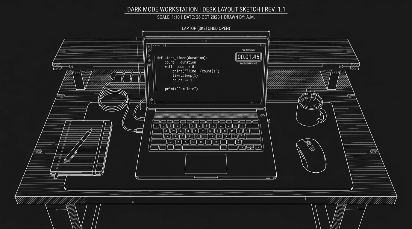 Dark mode technical sketch: script and timer or countdown on a laptop; thin white lines on black
