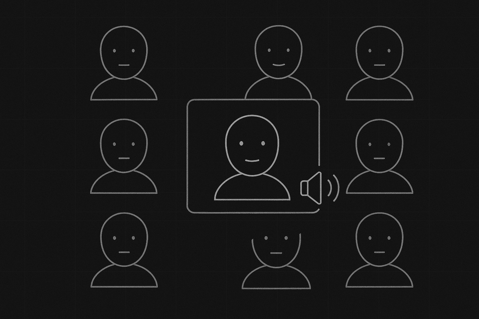 Grid of faces; one highlighted as speaker; dark mode technical sketch