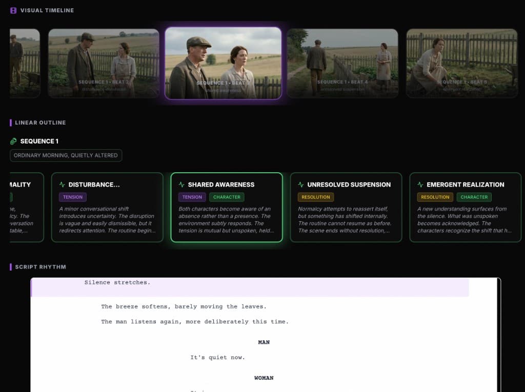 Preview of ScreenWeaver visual timeline and script rhythm