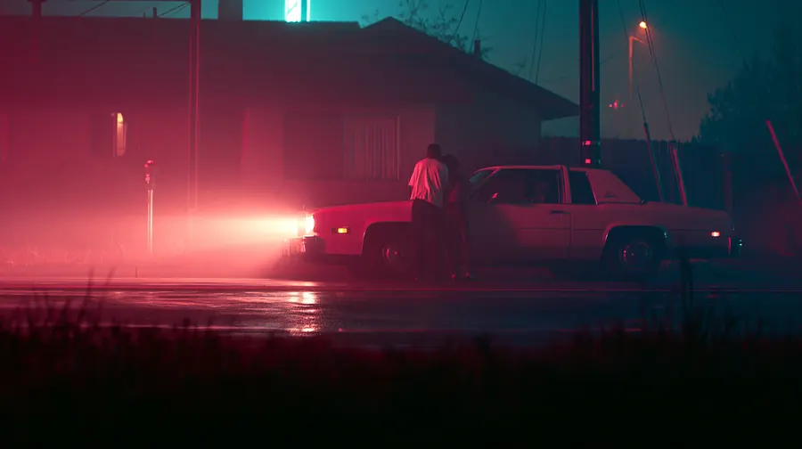 Cinematic frame from a ScreenWeaver film: a car in pink neon fog at night