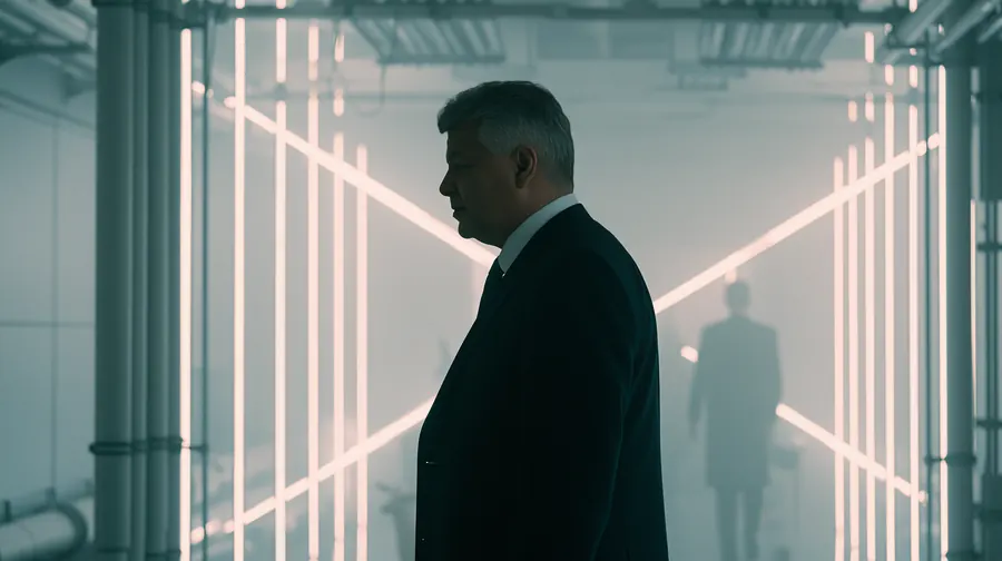 Cinematic frame from a ScreenWeaver film: a man in a suit against crossing neon lights