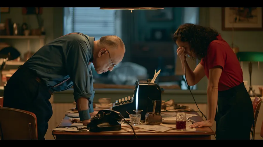 Cinematic frame from a ScreenWeaver film: two writers over a vintage typewriter