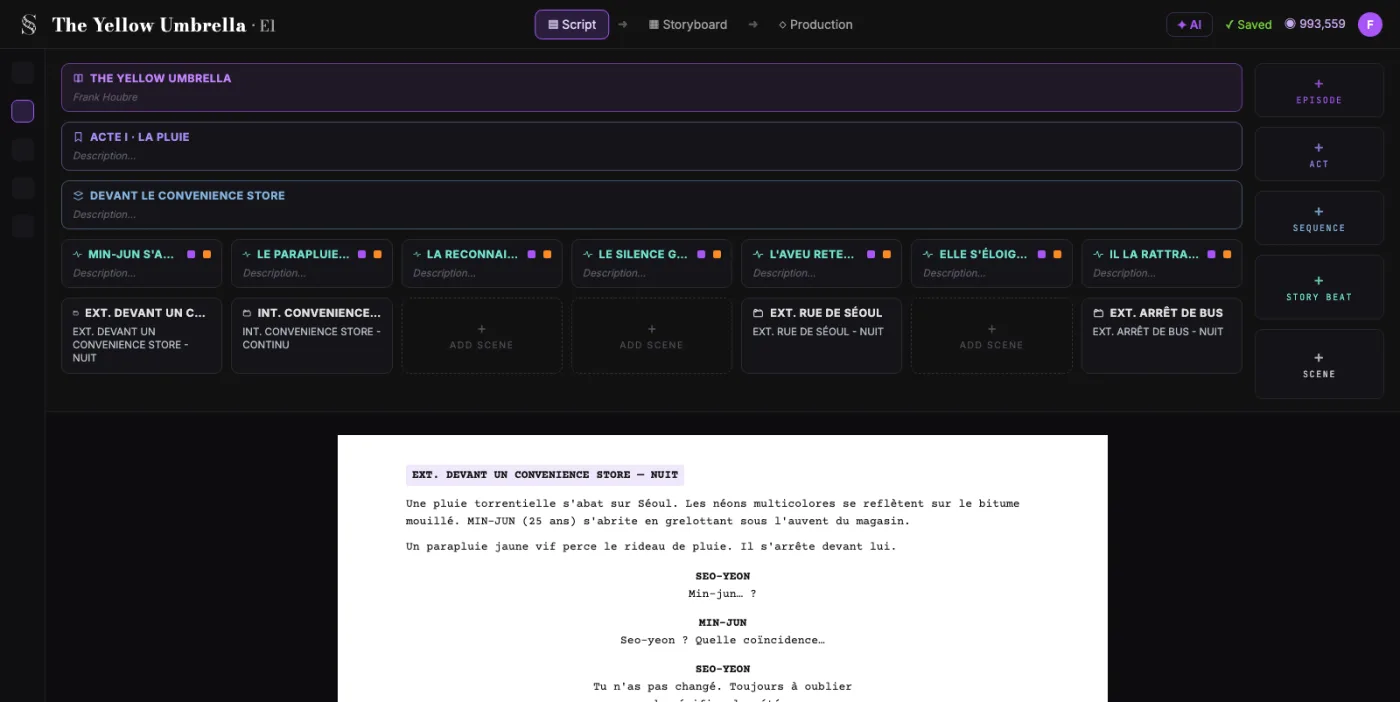 ScreenWeaver screenplay editor: acts, sequences and beats above the formatted script of The Yellow Umbrella
